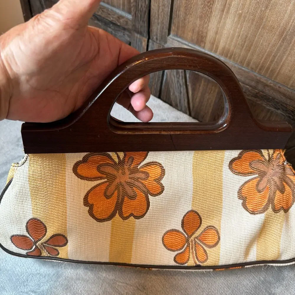 Vintage Nordstrom Italy Floral Tapestry Handbag Wood Handle Boho Retro Purse